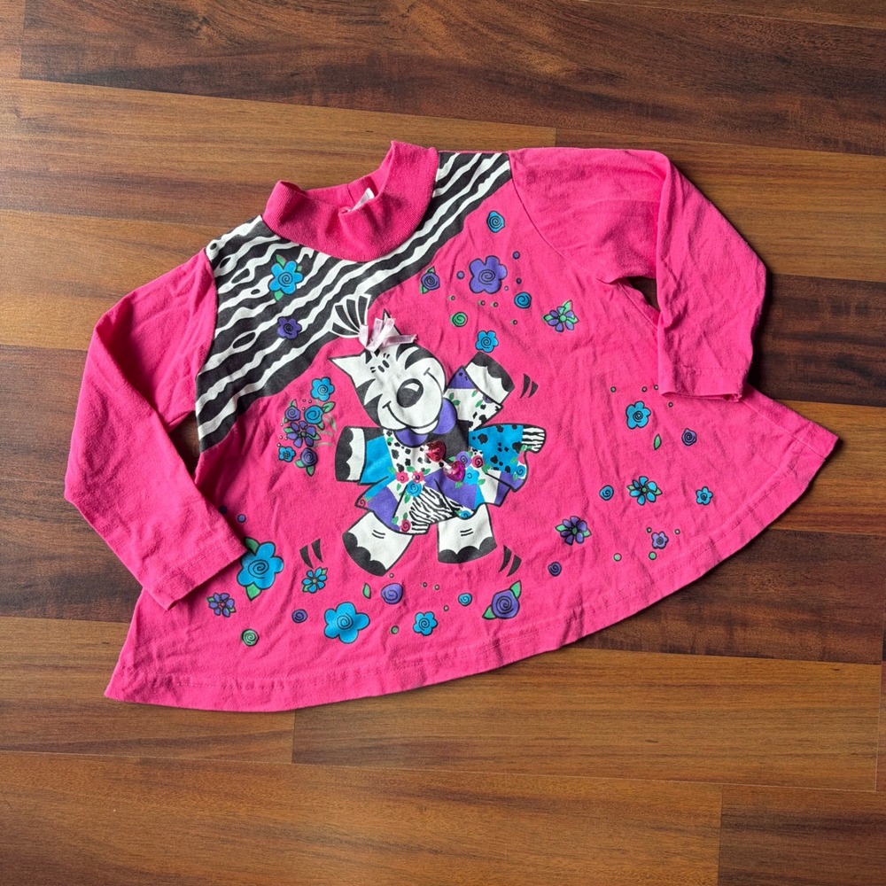 Vintage Kids N Fun Pink Zebra Graphic Long Sleeve Top Mock Neck Heart Buttons 3T
